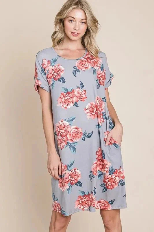 BOMBOM Floral Round Neck Short Tee Dress with Pockets - VILLA FASHION